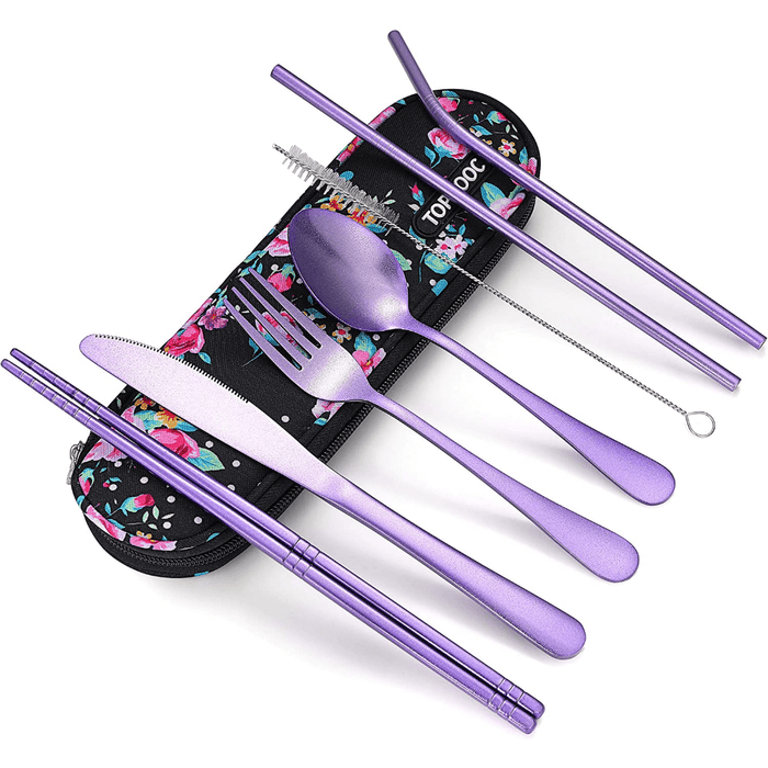 Stainless Steel Travel Utensils Set, Reusable To Go Flatware with Geometric Pattern, Polished Finish, Waterproof Carrying Case, Portable Cutlery for Lunch Box, Camping, School, Picnic