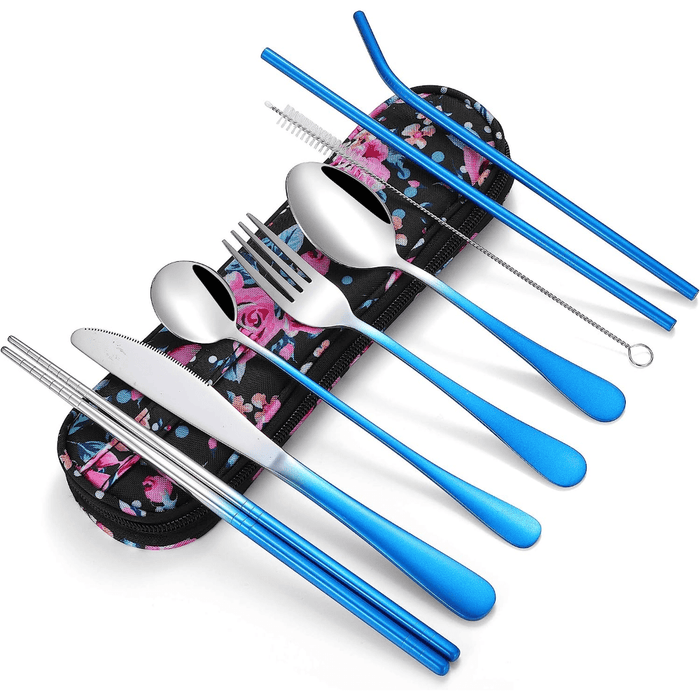 Stainless Steel Travel Utensils Set, Reusable To Go Flatware with Geometric Pattern, Polished Finish, Waterproof Carrying Case, Portable Cutlery for Lunch Box, Camping, School, Picnic