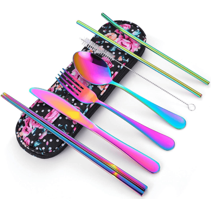 Stainless Steel Travel Utensils Set, Reusable To Go Flatware with Geometric Pattern, Polished Finish, Waterproof Carrying Case, Portable Cutlery for Lunch Box, Camping, School, Picnic