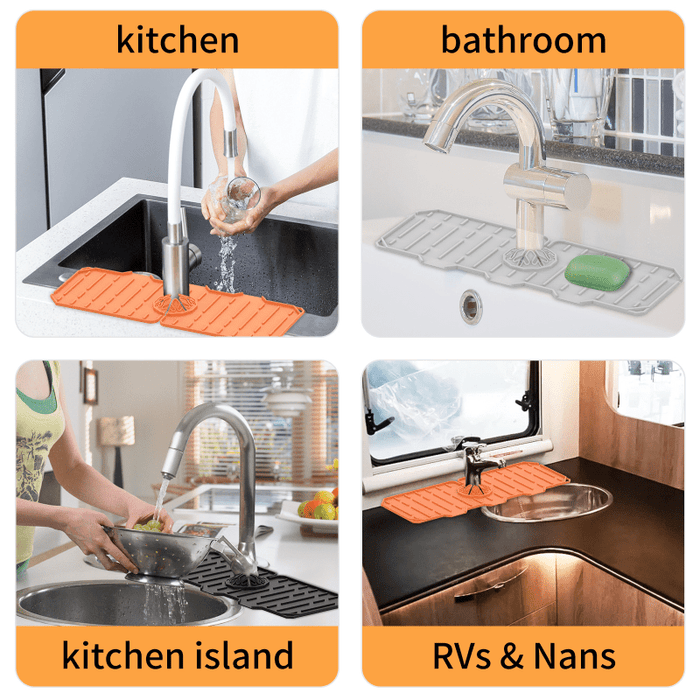 Silicone Faucet Splash Guard & Sponge Holder - Foldable Kitchen and Bathroom Countertop Protector Mat