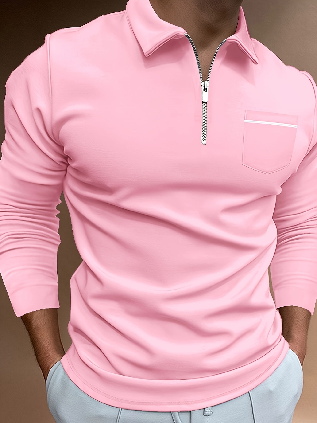 Men's Casual Long Sleeve Zipper Lapel Shirt with Chest Pocket, Spring/Fall Outdoor Wear