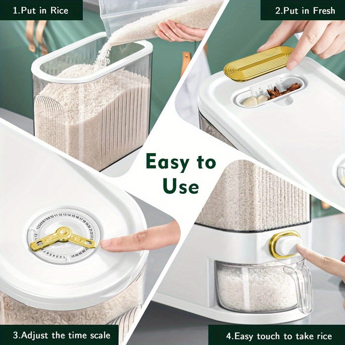 11.02LB/22.05LB Rice Dispenser, Large Dry Grain Storage Container with Measuring Cup And Time Scale, Food Dispenser for Kitchen Organization And Food Storage Room Used to Hold Grain Dry Grain