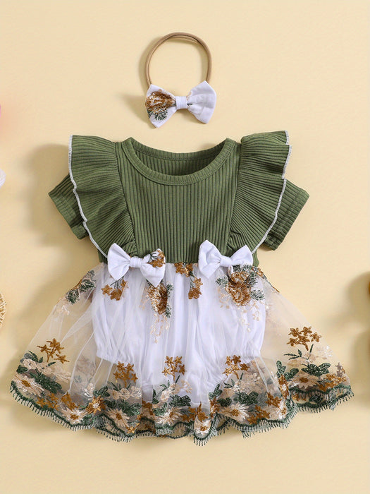 Infant Baby Girls Romper Dress Flower Embroidery Knit Rib Ruffles Crew Neck Jumpsuits Summer Bodysuits with Bow Headband, for Outdoor