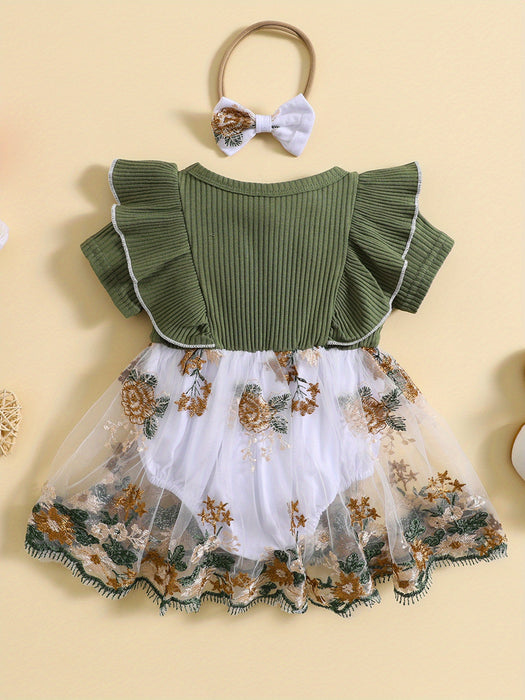 Infant Baby Girls Romper Dress Flower Embroidery Knit Rib Ruffles Crew Neck Jumpsuits Summer Bodysuits with Bow Headband, for Outdoor