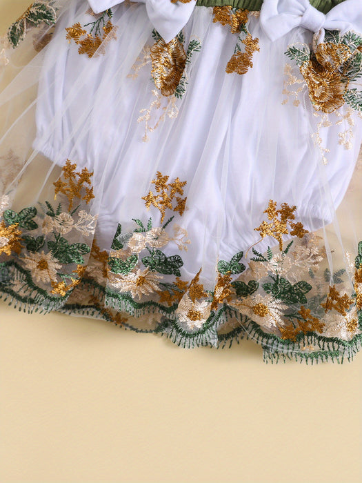 Infant Baby Girls Romper Dress Flower Embroidery Knit Rib Ruffles Crew Neck Jumpsuits Summer Bodysuits with Bow Headband, for Outdoor