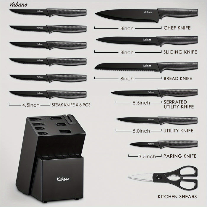 14 pieces 14-Piece Black Knife Block Set with Built-in Sharpener, Includes Chef's Knife, Paring Knife, and More