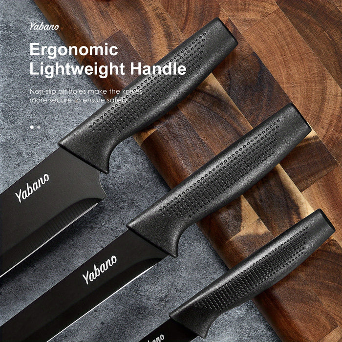 14 pieces 14-Piece Black Knife Block Set with Built-in Sharpener, Includes Chef's Knife, Paring Knife, and More