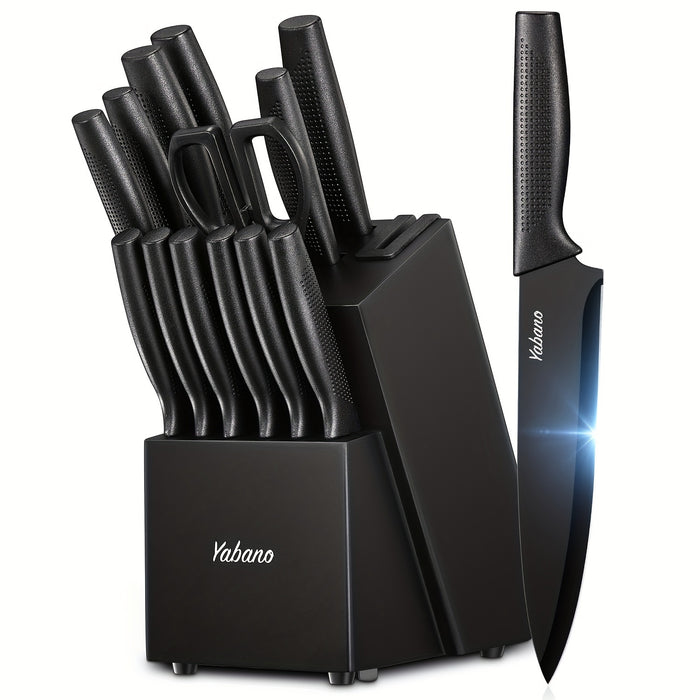 14 pieces 14-Piece Black Knife Block Set with Built-in Sharpener, Includes Chef's Knife, Paring Knife, and More