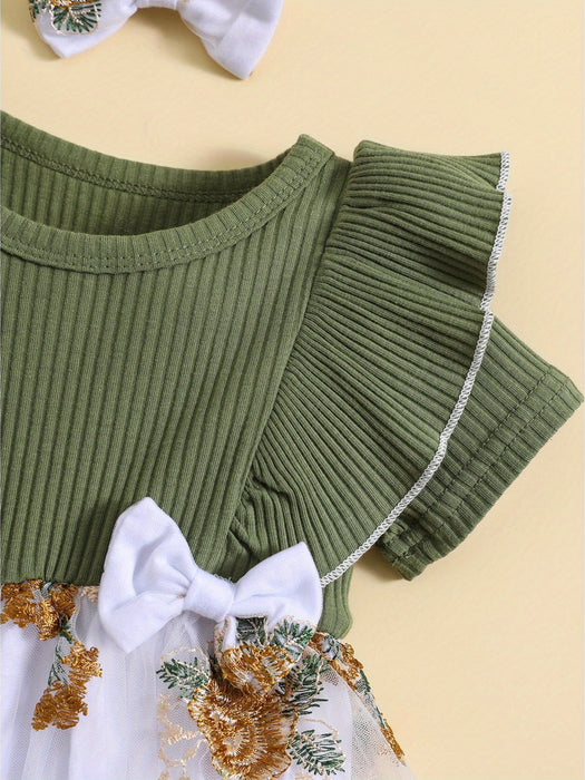 Infant Baby Girls Romper Dress Flower Embroidery Knit Rib Ruffles Crew Neck Jumpsuits Summer Bodysuits with Bow Headband, for Outdoor