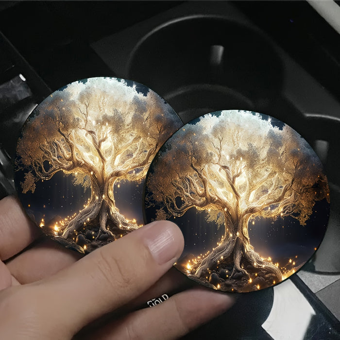 Tree of Life Car Cup Holder Coasters - Set of 2, Blue Tree Design Rubber Cup Mats, Washable Auto Accessories for Vehicle Cup Holders - Spiritual Lake Scenery Home Decor