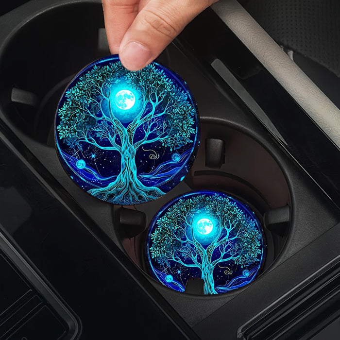 Tree of Life Car Cup Holder Coasters - Set of 2, Blue Tree Design Rubber Cup Mats, Washable Auto Accessories for Vehicle Cup Holders - Spiritual Lake Scenery Home Decor