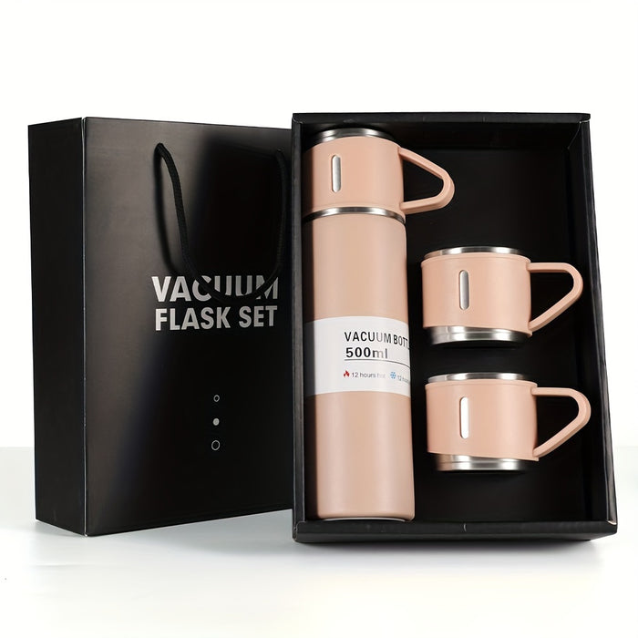 A Set of Stainless Steel Vacuum Flask Combination, 500ml/16.9oz Insulation Beverage Bottle, with 2 One Cup Lid Accessories, Reusable, Machine Washable, Multi-Functional Travel Cup, Suitable for Hot and Cold Drinks, Gift Packa