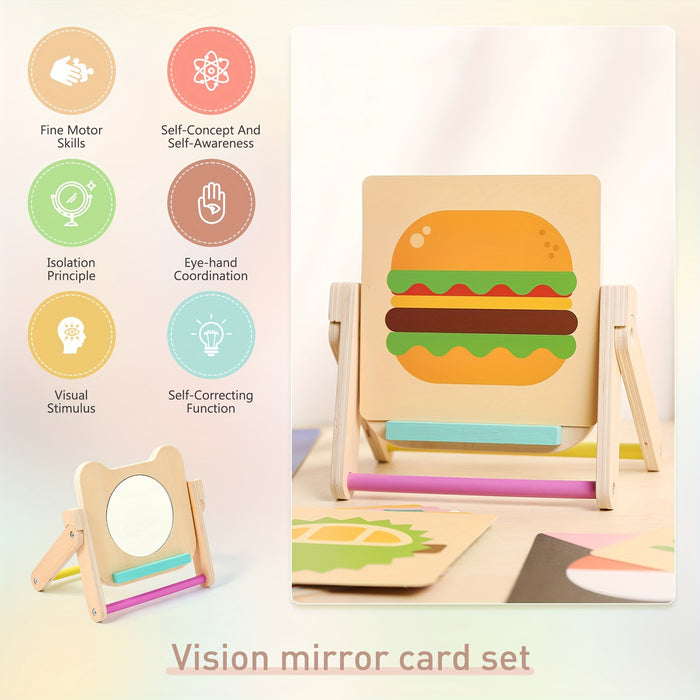 [Creative Shelf for Early Learning] Creative Wooden Mirror Display Shelf, With Cards, Educational Early Education Cognitive Learning Board, As Halloween, Christmas Gifts