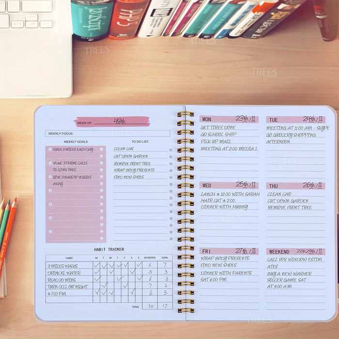 1pc TREES A5 Spiral Undated Planner, 52 Sheets, Daily Weekly Agenda Notebook, PVC Cover, Office School Stationery, Goal Setting & Planning, 8.3x5.5 Inches