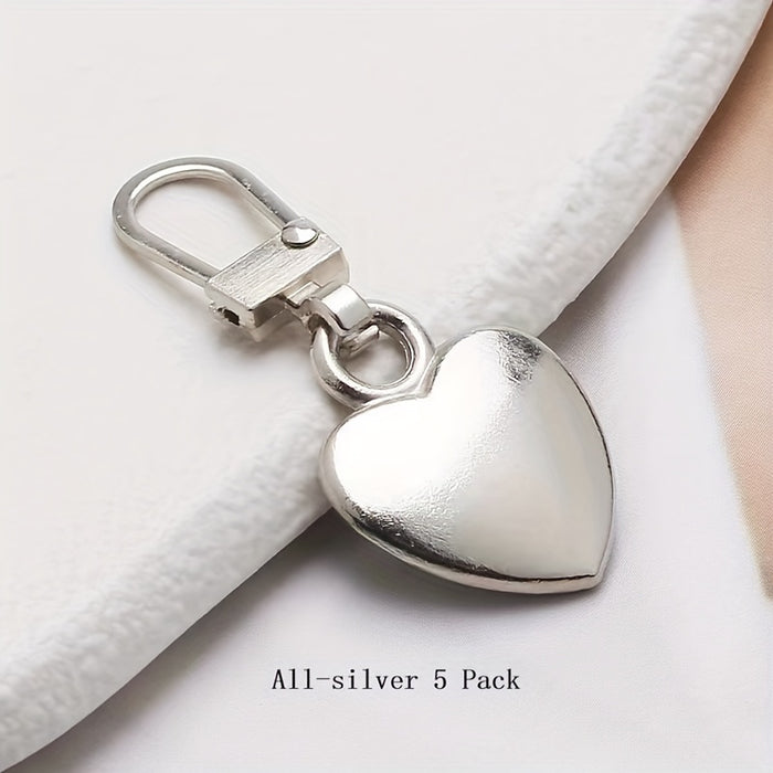5 Versatile Heart-shaped Golden Accessories With Small Holes, Semi-automatic Head Pull Pieces That Can Be Disassembled, Suitable For Replacing Zipper Heads On Bags, Jackets, Clothes, Shoes, And Boots, As Well As Pendant Zippe