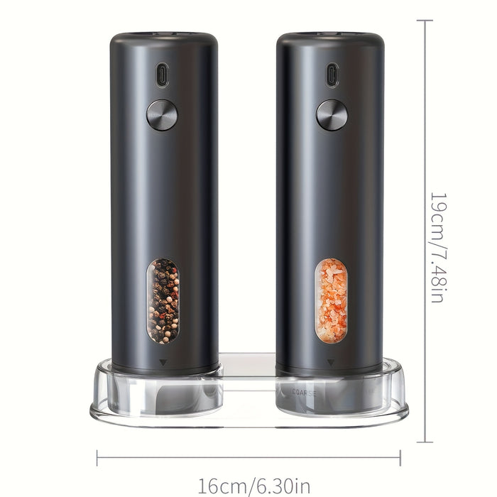 Electric Pepper Grinder Rechargeable, Automatic Salt and Pepper Mills Set with 3.72oz Container, External Adjustable Coarseness, White LED Light and One-Handed Operation for Kitchen, Outdoor, BBQ & Gift Giving