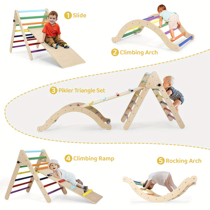 Pikler Triangle Set 7in 1, Foldable Climbing Toys for Toddlers, Play with Arch & Ramp & Ladder, Large Climbing Indoor Playground Set, Indoor Jungle Gym, Rainbow