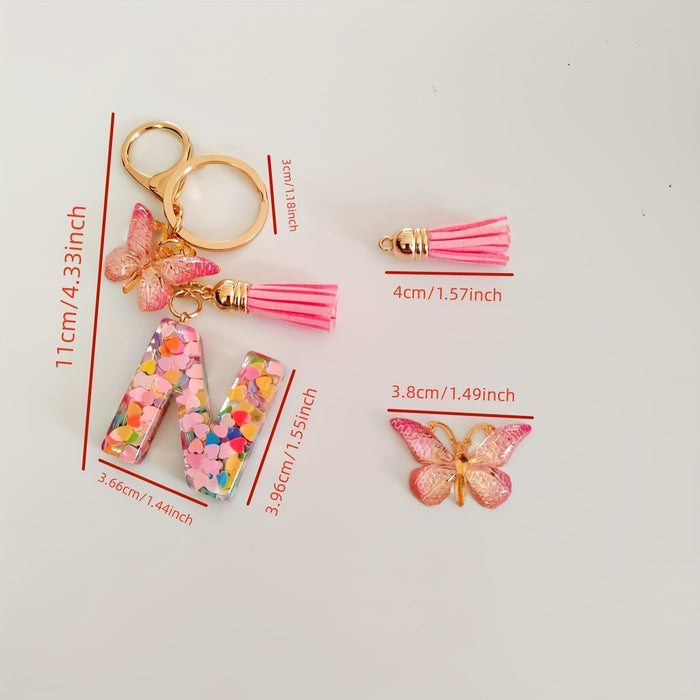 1pc Creative English Letter Pendant Keychain For Girls, Pink Sequin Drop Glue Butterfly Key Chain For Girls, Bag Car Key Ornament Christmas Gift
