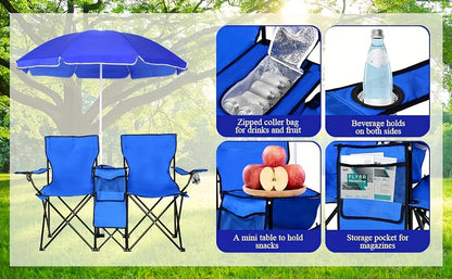 Portable Folding Picnic Double Chair W/Umbrella Table Cooler Beach Camping
