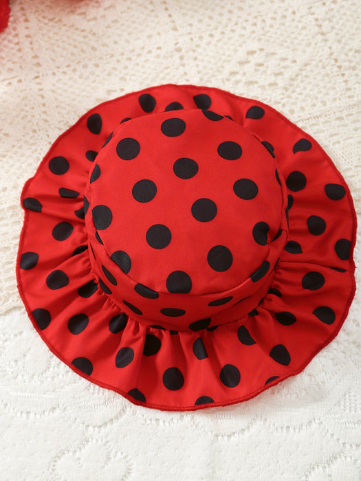 [Ladybug Summer Dress Set] 2pcs Little Bee Ladybug Summer Dress - Striped Full-Print Exposed Back Spliced for Lotus Lace Adjustable Suspender + Sun Hat Set