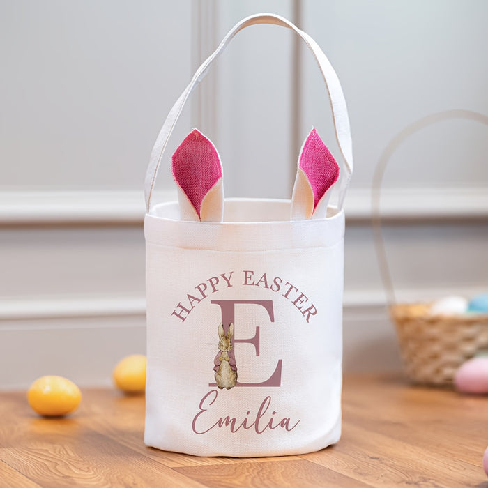 Customized Burlap Easter Basket with Bunny Handles - Personalized Easter Egg Hunt Tote - Festive Easter Party Bag for Emilia