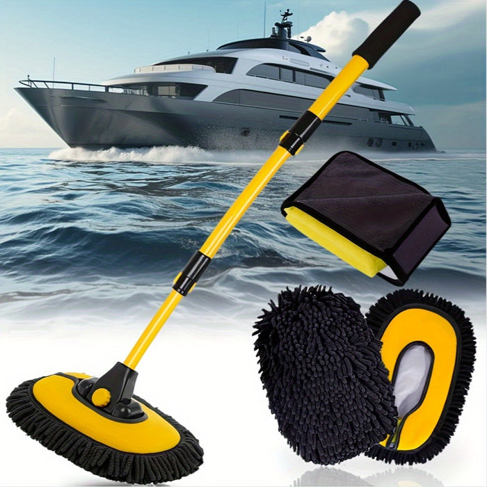 15° Curved Car Wash Brush with a Long Handle, 43-Inch Extension Pole, Includes Cleaning Cloth, Ultra-Fine Microfiber Cleaning Mop for Trucks, Cars, Suvs, And Boats, 2-In-1 Car Wash And Dusting Tool That Won'T Damage Paint Or