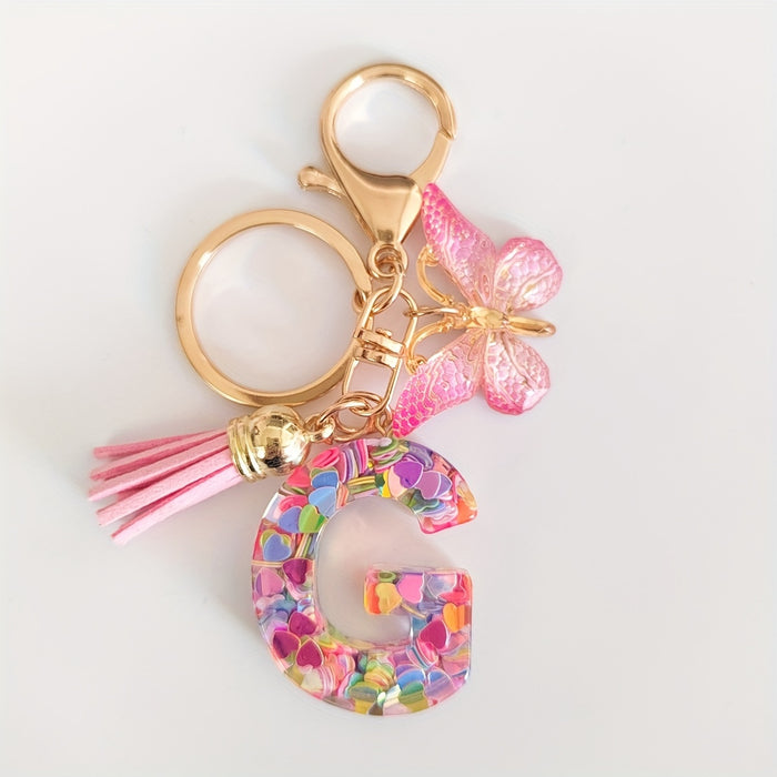 1pc Creative English Letter Pendant Keychain For Girls, Pink Sequin Drop Glue Butterfly Key Chain For Girls, Bag Car Key Ornament Christmas Gift