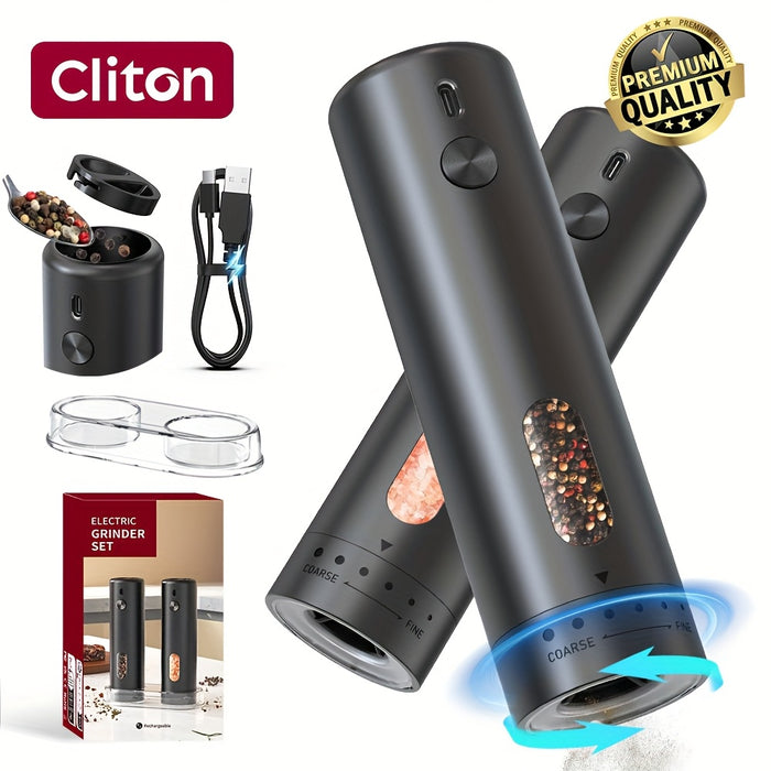 Electric Pepper Grinder Rechargeable, Automatic Salt and Pepper Mills Set with 3.72oz Container, External Adjustable Coarseness, White LED Light and One-Handed Operation for Kitchen, Outdoor, BBQ & Gift Giving