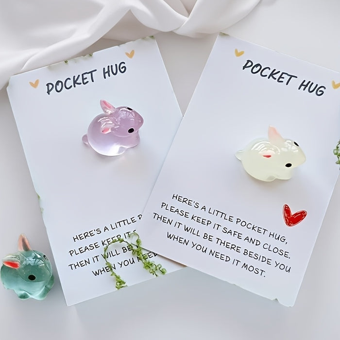 10 Cute Glow-in-the-Dark Easter Bunny Pocket Hugs with Motivational Cards, Personalized Resin Charms, Perfect for Birthdays and Weddings