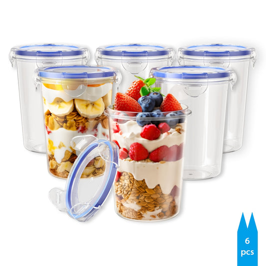 Set of 6 Transparent 23.67oz Sealed Oatmeal Storage Jars with Lids, Versatile Reusable Containers, 23-Ounce Plastic Containers with Latch Lids, Portable Oatmeal Containers for On-The-Go, And Airtight Spring Lock Storage Jars.