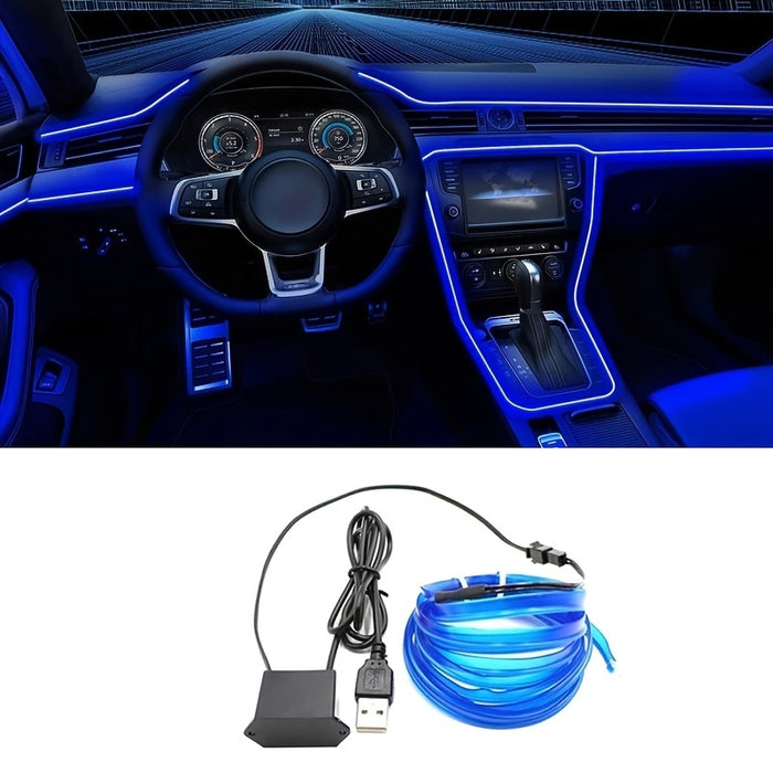 196.85inch blue LED Car Interior Lighting Strip Auto LED Strip Garland EL Wire Rope Car Decoration Lamp Flexible Tube Neon Car Accessories, Without Battery