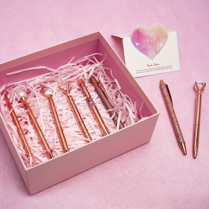 3/5/8pcs Rose Gold Ballpoint Pen Set Liquid Sand Glitter Metal Crystal Diamond shape Pen Girly Black Ink Pen Gifts for Wedding Office Desk Supplies