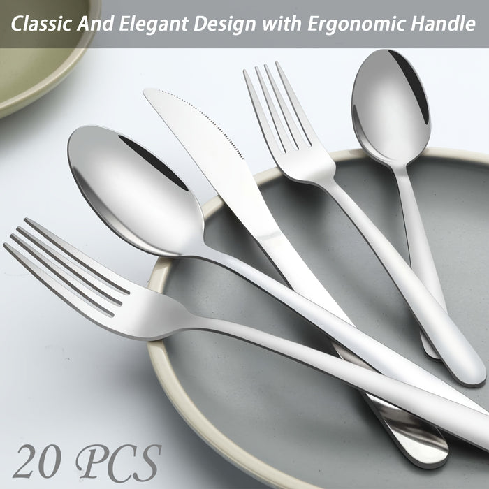 20pcs Food-Grade Stainless Steel Flatware Set, Silverware Set Includes Forks, Spoons And Knives, Utensils Set For Family/Party/Restaurant, Dishwasher Safe, Suitable For Holiday Gift-giving