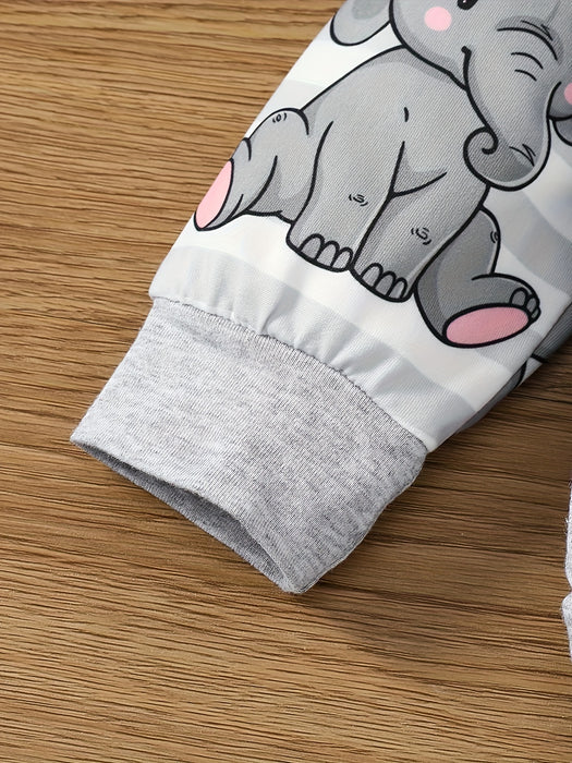 2pcs Baby Boy Baby Elephant Cartoon Print Comfortable Long Sleeve Hooded Top + Stitched Stripes Baby Elephant Full Print Trousers Two Sets, for Outdoor