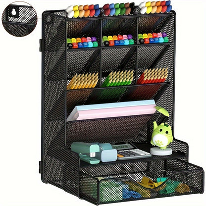 [1 Pcs Multi-Functional Organizer] 1 Pcs Pen Organizer for Desk, Multi-Functional Desk Organizer, Wall Mount Pen Holder with Drawer for School, Office, Home, Art Supplies, Black