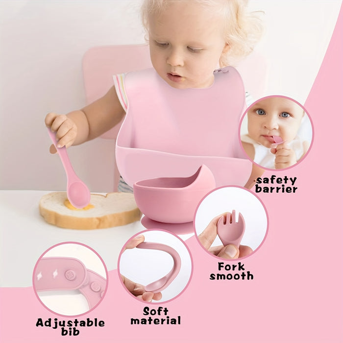10-Piece BPA-Free Silicone Toddler Feeding Set - Pink Animal Print, Includes Suction Cup Dividers, Spoon, Fork, Straw Cup, Bib - Microwave & Oven Safe - For Baby Led Weaning - Perfect Gift for New Parents