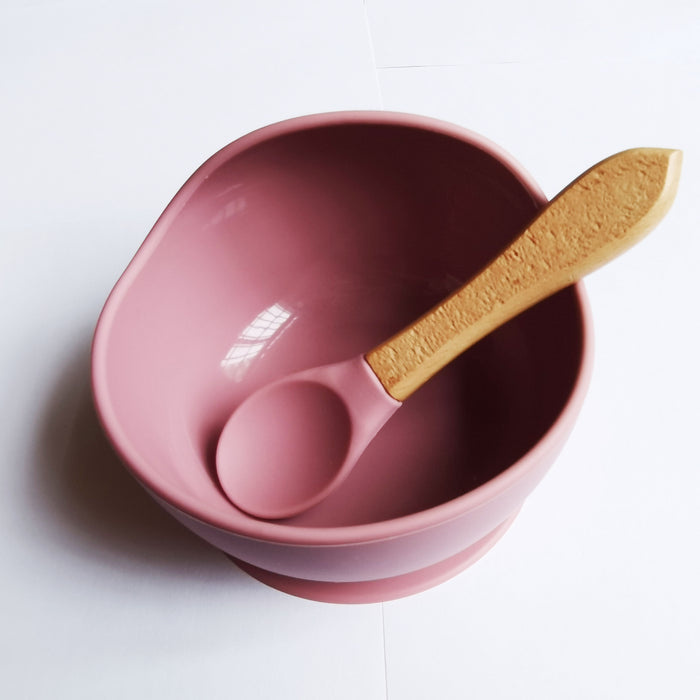 1set Baby Feeding Bowl And Spoon Set, Silicone Baby Bowl Suction Cup With Wooden Spoon Silicone Suction Base Non Slip Baby First Feeding Kit Gift For Toddler Children Girls Boys, Halloween, Thanksgiving, Christmas Gift