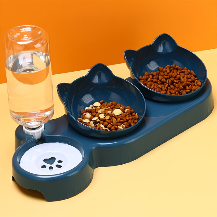 3-in-1 Pet Feeding Set: Tilted Cat Bowls with Gravity Water Bottle and Ear Design for Neck Protection
