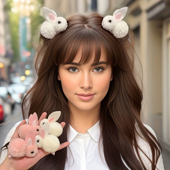[2pcs Fluffy Easter Bunny Clips] 2pcs Cute & Sweet Easter Bunny Hair Clips - Fluffy Plush, Warm 3D Rabbit Design for Women - Perfect for Parties & Casual Wear