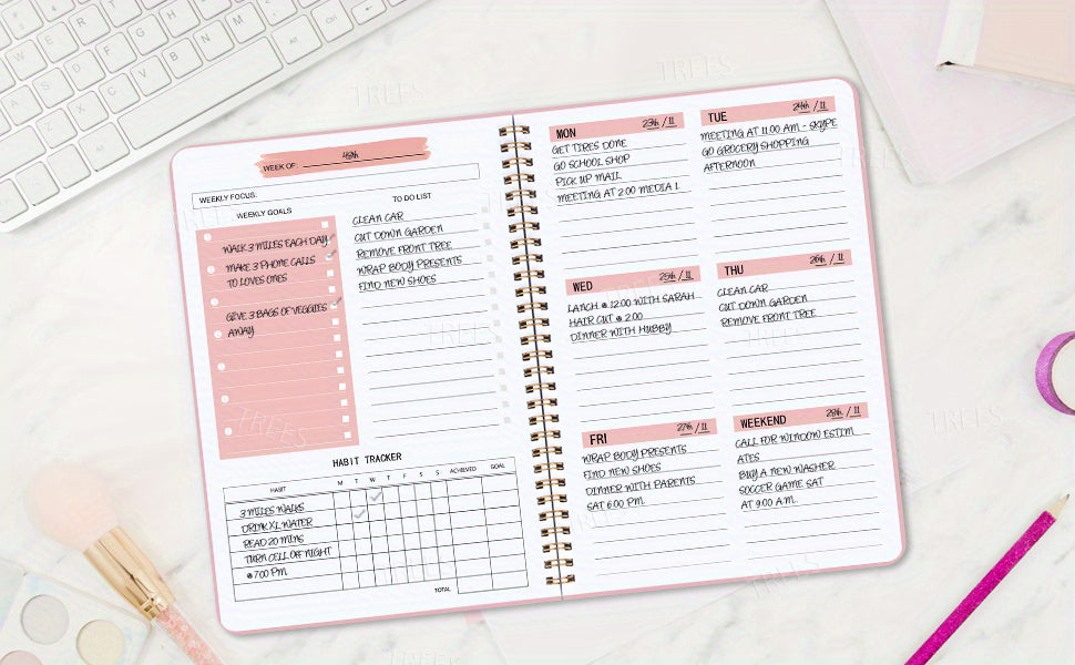 1pc TREES A5 Spiral Undated Planner, 52 Sheets, Daily Weekly Agenda Notebook, PVC Cover, Office School Stationery, Goal Setting & Planning, 8.3x5.5 Inches