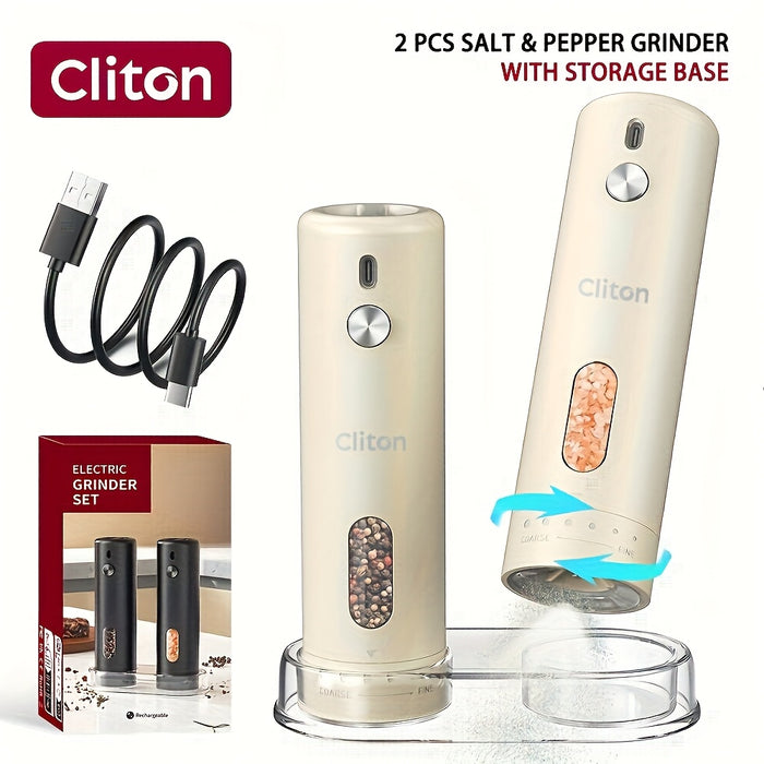 Electric Pepper Grinder Rechargeable, Automatic Salt and Pepper Mills Set with 3.72oz Container, External Adjustable Coarseness, White LED Light and One-Handed Operation for Kitchen, Outdoor, BBQ & Gift Giving