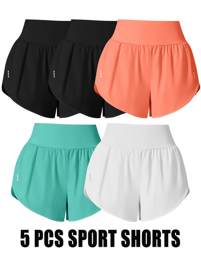 Medium Stretch Polyester 85% Elastane 15% 5-Pack Women's Casual Sport Shorts, Polka Dot Pattern, Cross Detail, Knit Fabric, 125g/m², 180g/m² Lining, for Spring/Summer/Fall