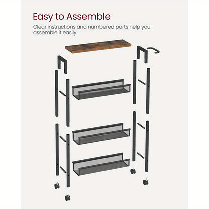 VASAGLE 4-Tier Steel Rolling Storage Cart with Hardwood Top, Rustic Brown & Black, Slim 5.1" Deep Organizer, with Wood-Based Panel & Metal Frame, for Kitchen, Dining, Living Room, Home Office