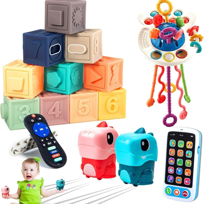 5 in 1 Baby Toys Set for Ages 6-36 Months - Dinosaur Toys, Pull String, Cell Phone Toys, Sensory Shapes Simulation Remote Control, Baby Gifts (Dinosaur Toy car)