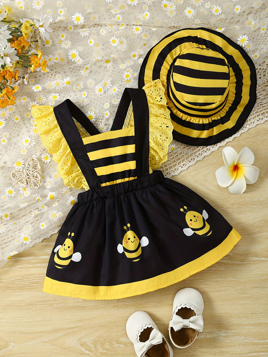 [Ladybug Summer Dress Set] 2pcs Little Bee Ladybug Summer Dress - Striped Full-Print Exposed Back Spliced for Lotus Lace Adjustable Suspender + Sun Hat Set