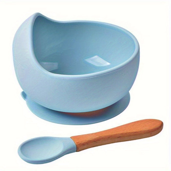 1set Baby Feeding Bowl And Spoon Set, Silicone Baby Bowl Suction Cup With Wooden Spoon Silicone Suction Base Non Slip Baby First Feeding Kit Gift For Toddler Children Girls Boys, Halloween, Thanksgiving, Christmas Gift