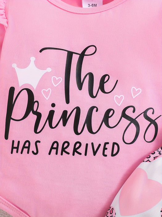 3pcs Baby Girl Outfit Set, "The Princess Has Arrived" Print Long Sleeve Romper with Ruffle Detail, Heart Pattern Print Pants, and Headband, Polyester Knit Fabric, Crew Neck, Regular Fit, for Spring/Fall - Perfect for Valentin
