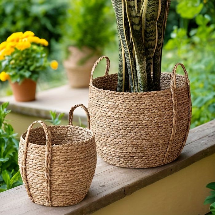 Handcrafted Nordic-Inspired Seaweed Woven Flower Pot - Versatile, Painted Finish, Slide-Out Shelf Design for Home & Garden Decor