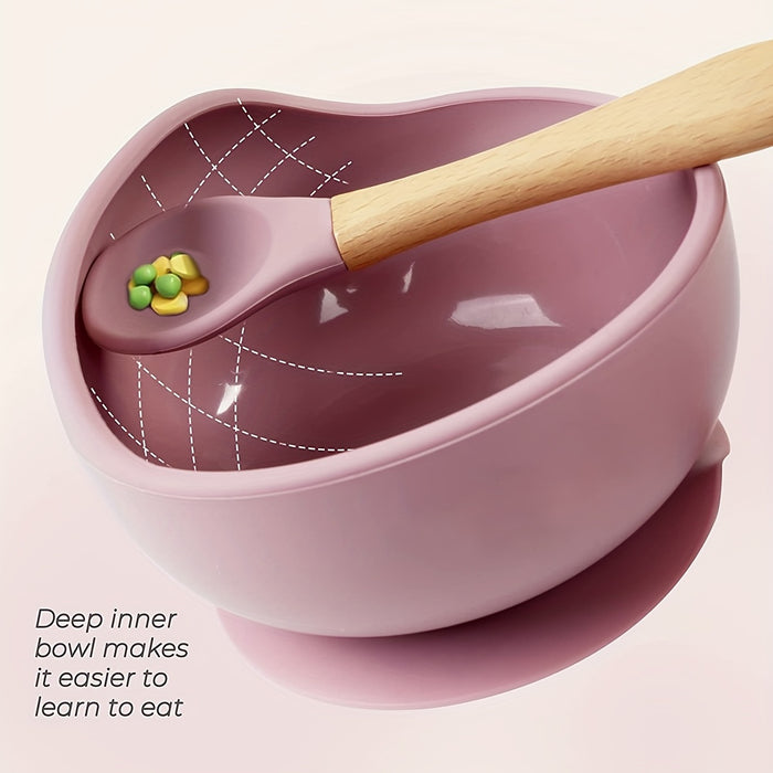 1set Baby Feeding Bowl And Spoon Set, Silicone Baby Bowl Suction Cup With Wooden Spoon Silicone Suction Base Non Slip Baby First Feeding Kit Gift For Toddler Children Girls Boys, Halloween, Thanksgiving, Christmas Gift