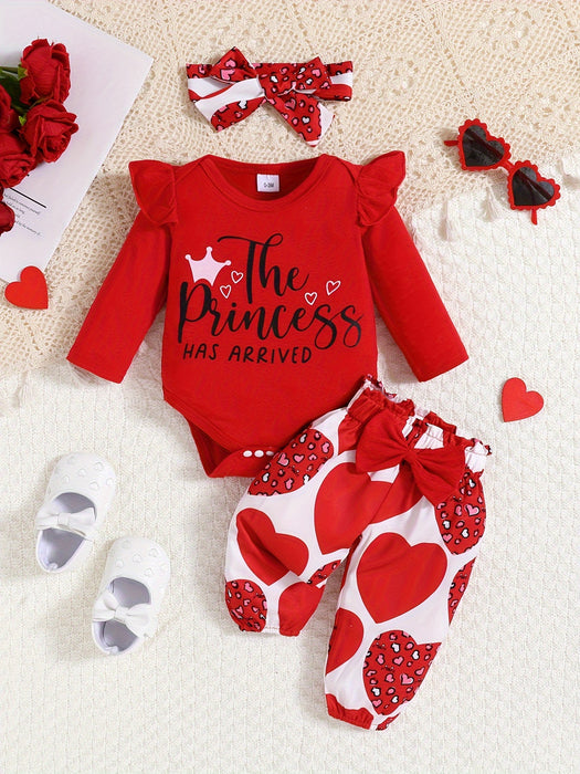 3pcs Baby Girl Outfit Set, "The Princess Has Arrived" Print Long Sleeve Romper with Ruffle Detail, Heart Pattern Print Pants, and Headband, Polyester Knit Fabric, Crew Neck, Regular Fit, for Spring/Fall - Perfect for Valentin